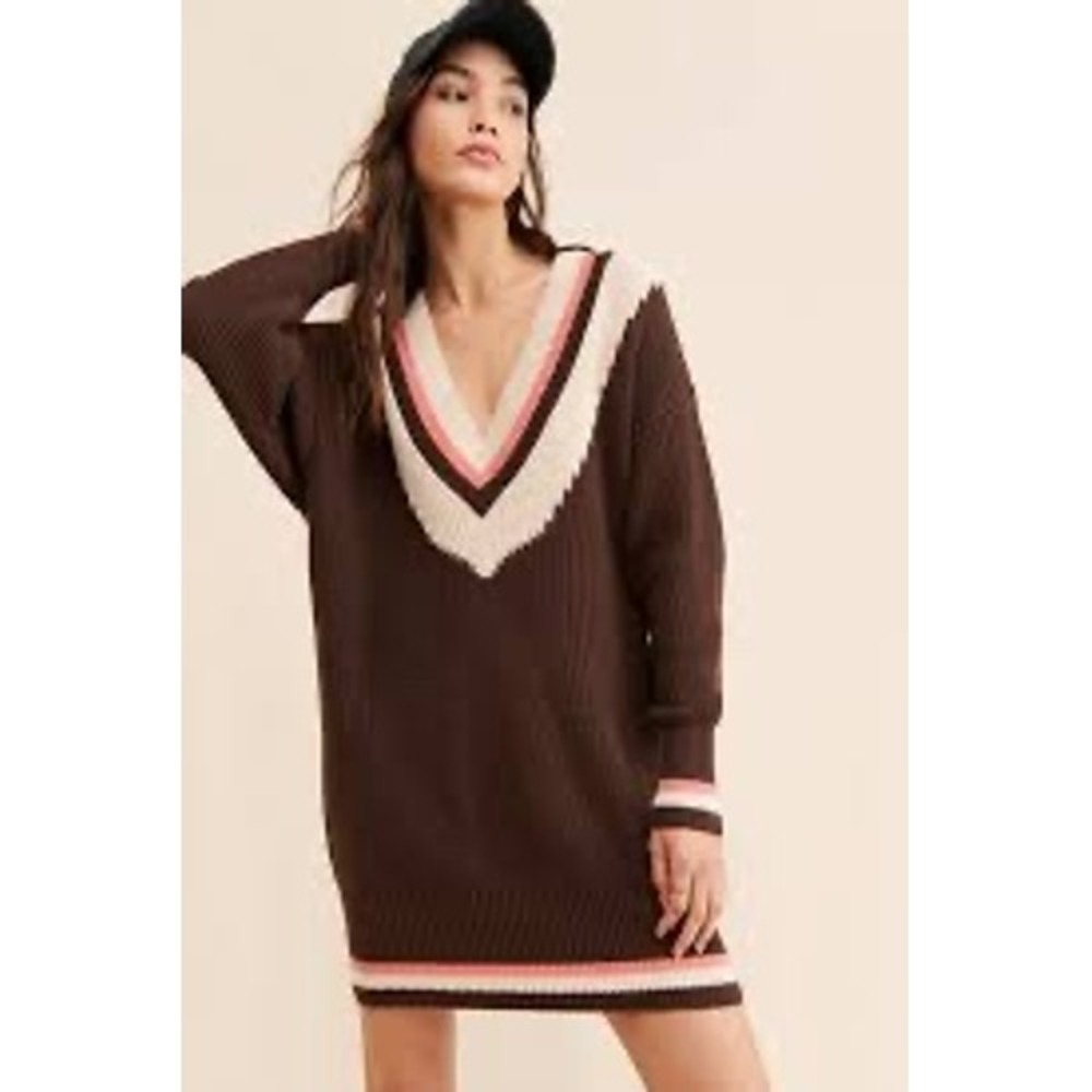 525 America Brown V-Neck Knit Sweater Dress Pink Cream Stripe XS